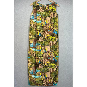 Vintage Island Casuals Aloha Dress Hawaii Multi Scene Cotton Halter Maxi Slit